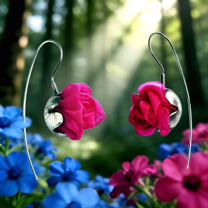 Srebrne kolczyki wiszące, różyczki fuksja 